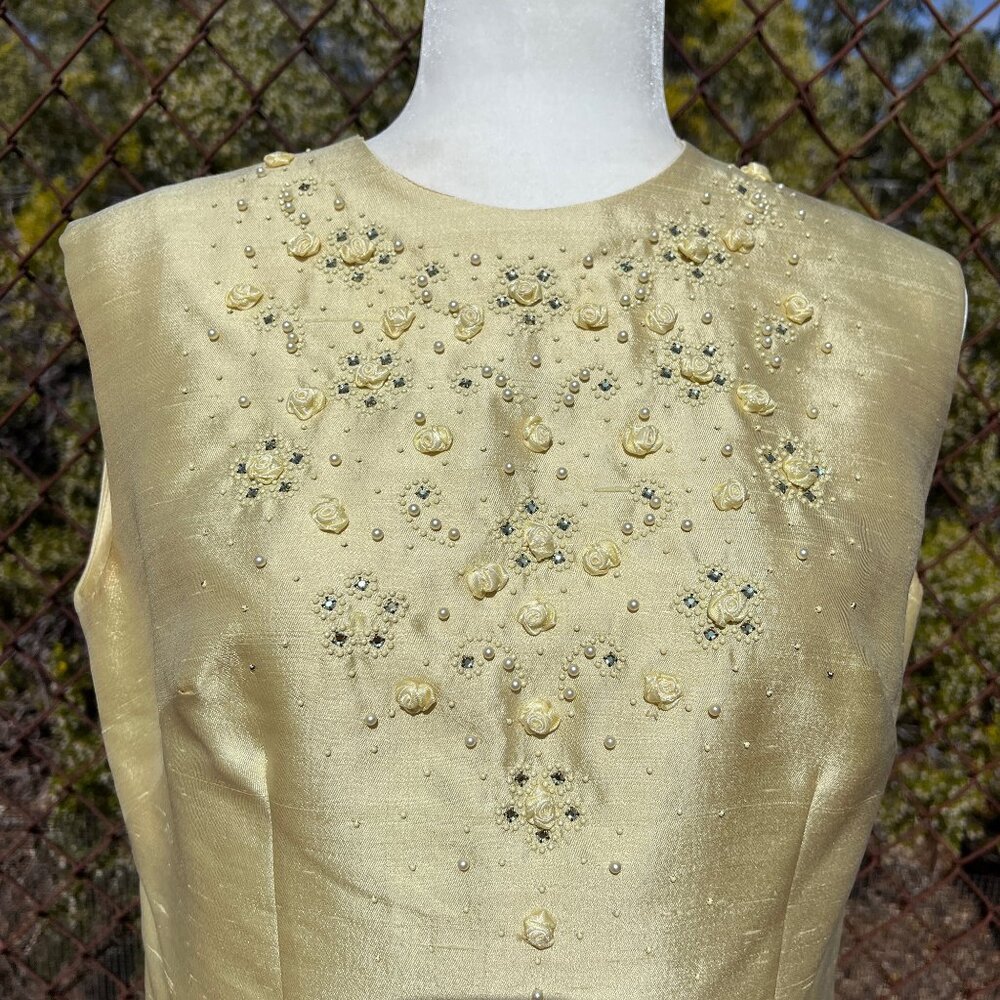 Vintage 60s 3-Piece Slubbed Silk Suit Embellished w/ Rhinestones, Pearls, Sz 14 - Picture 4 of 16
